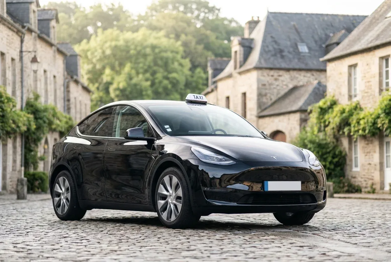 Le chauffeur souriant au volant de sa Tesla Model Y taxi, avec une pancarte « Pas besoin d'une application, appelez-moi, j'existe ! »